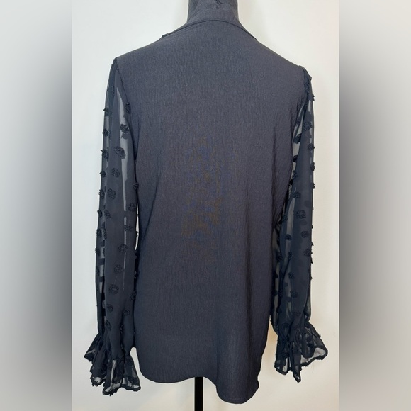 B Brand Women’s Black Balloon Long Sheer Large Swiss Dot Sleeve Blouse Size L - Picture 2 of 6
